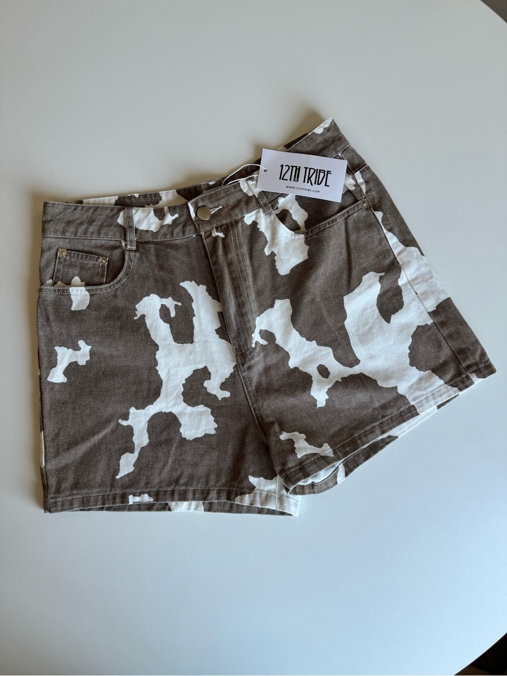 12th Tribe Women's Brown & White Cow-Print Denim Shorts